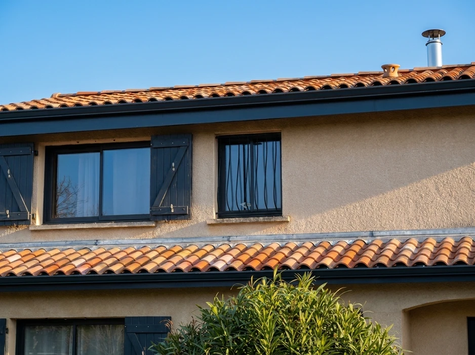 Scène extérieure de toiture résidentielle en cours de rénovation sous ciel nuagé avec végétation environnante
