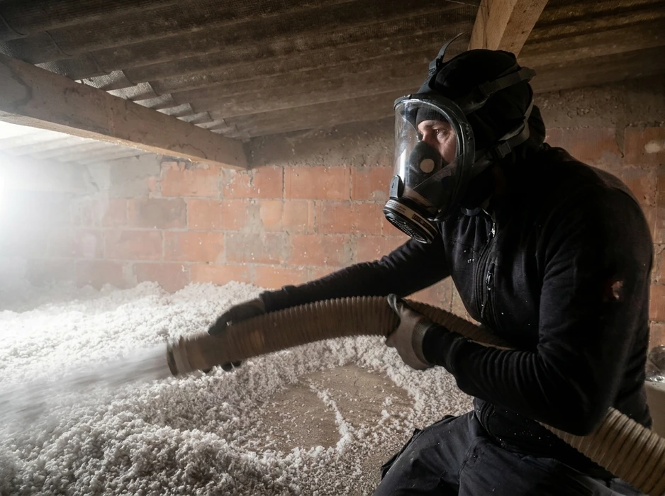 Mains ouvertes en coupe tenant une masse de matériau isolant fibreux de couleur gris-blanc, présenté sur fond neutre