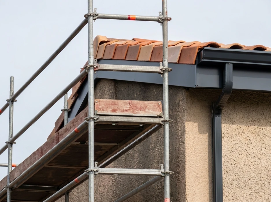 Chantier de réfection de toiture en cours, vue extérieure en hauteur