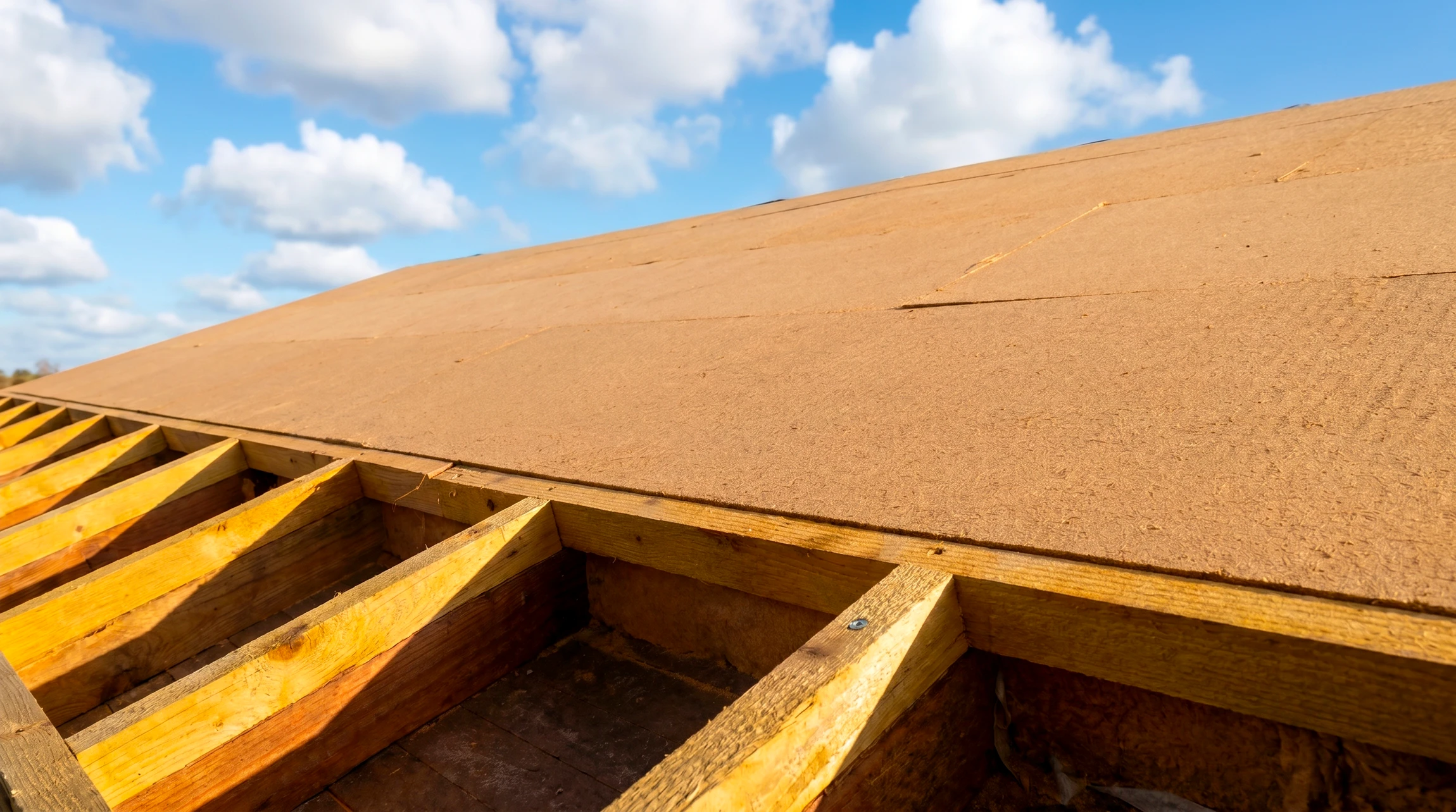 Chantier de construction en extérieur avec ouvriers installant l'isolation de toiture