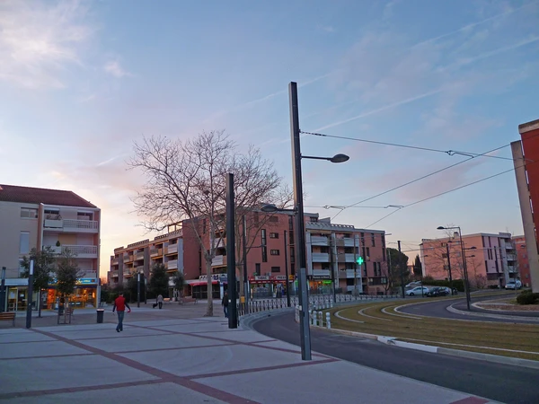 Photographie aérienne ou vue urbaine de Blagnac (Haute-Garonne) montrant le paysage urbain, les habitations résidentielles typiques de la région, et l'environnement local. La photo doit être prise de jour, en conditions de bonne luminosité, et montrer clairement le caractère urbain/suburban de la zone d'intervention de Kiisol. Perspective large et reconnaissable qui illustre le territoire de Blagnac.