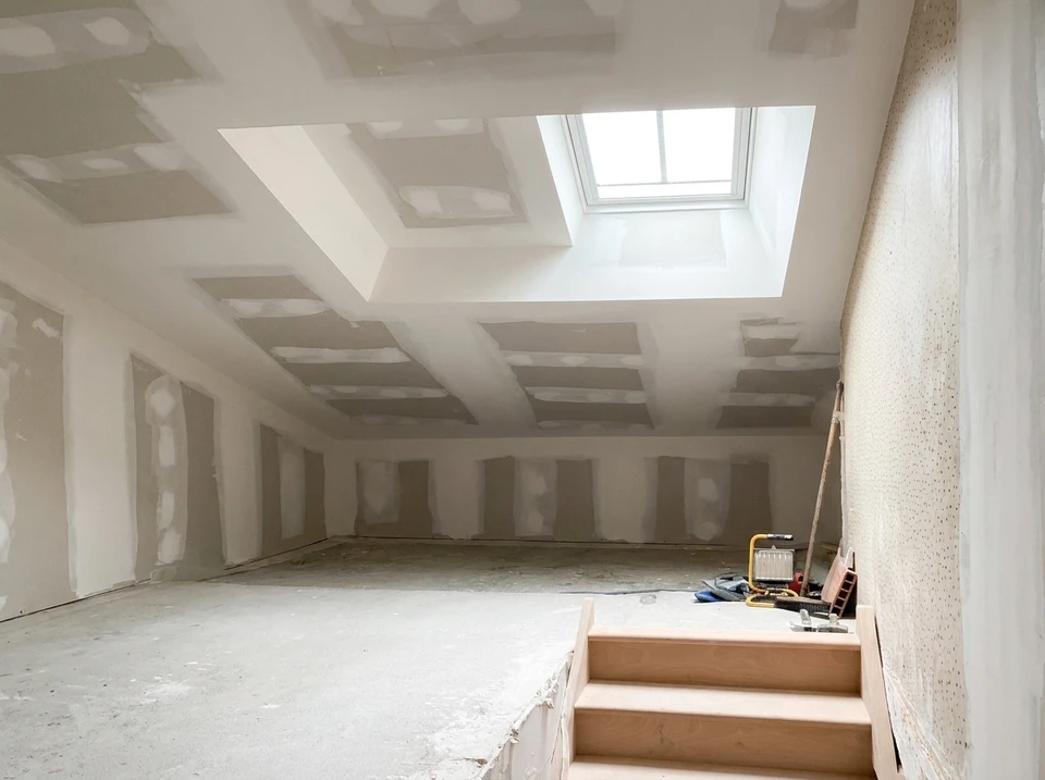 Artisan en vêtements de travail installe une fenêtre de toit dans les combles d'une habitation