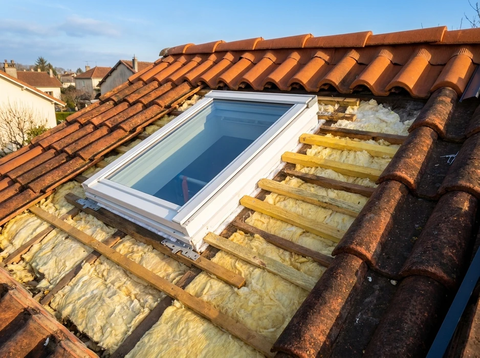 Installation d'une fenêtre de toit VELUX sur une toiture en tuiles ardoisées grises