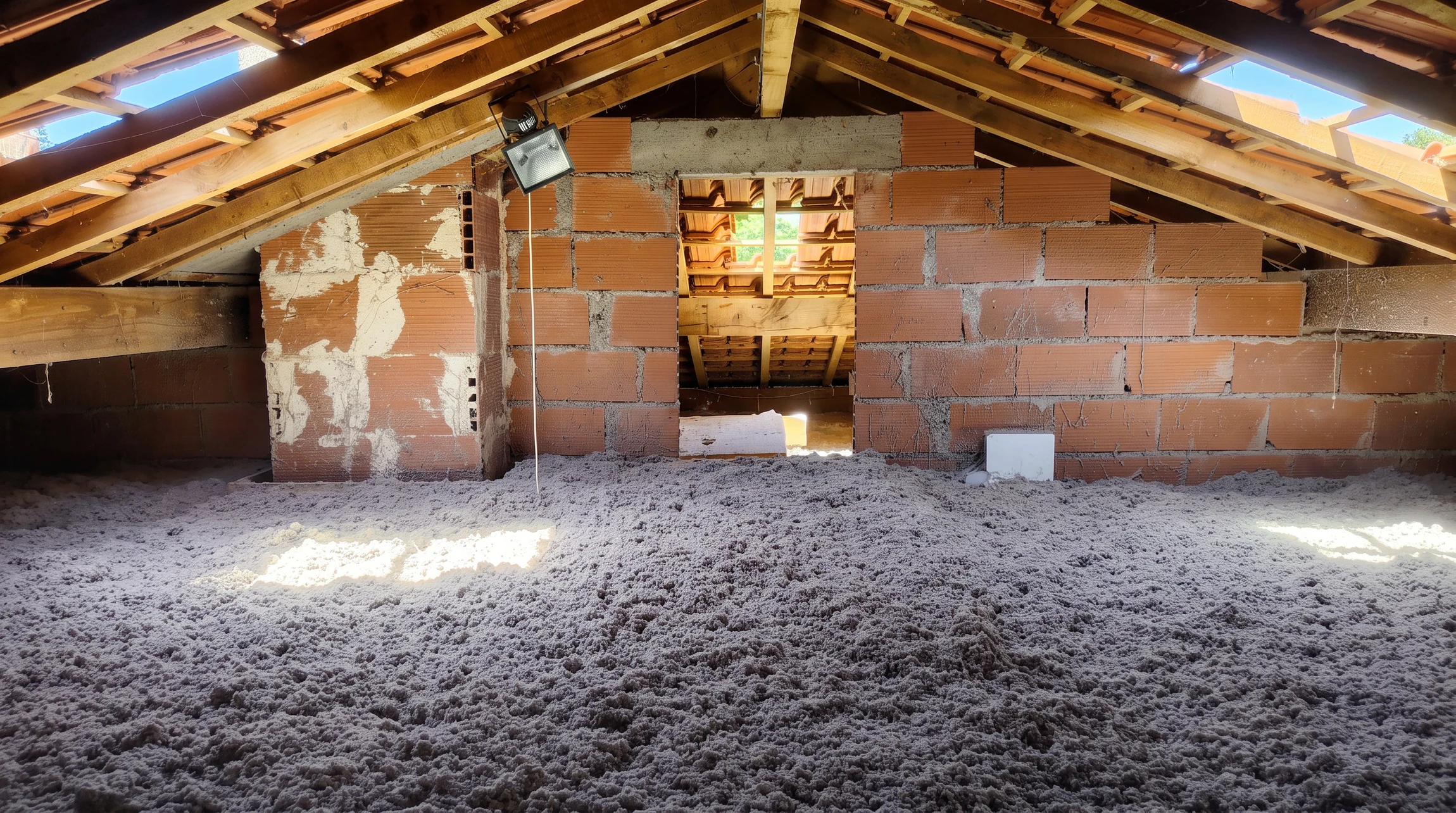 Chantier de rénovation dans combles avec ouvrier installant cloisons sèches